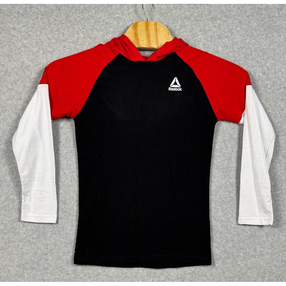 Reebok Hooded Shirt Boys L 14-16 Black Red White Excellent Raglan Long Sleeve